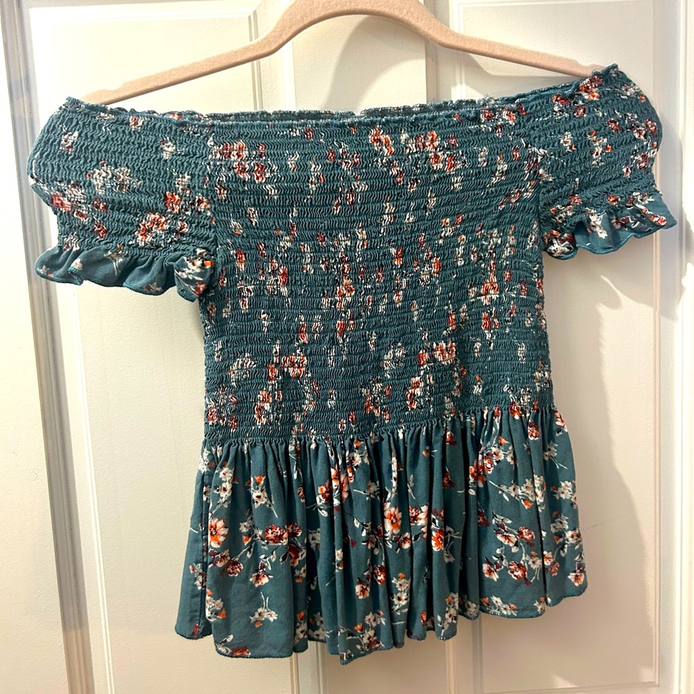 blue floral off the shoulder top